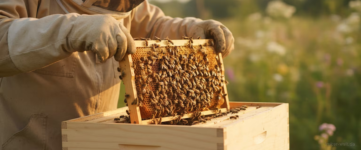 Imker setzt eine Brutwabe mit Bienen in eine kleine Ableger-Beute