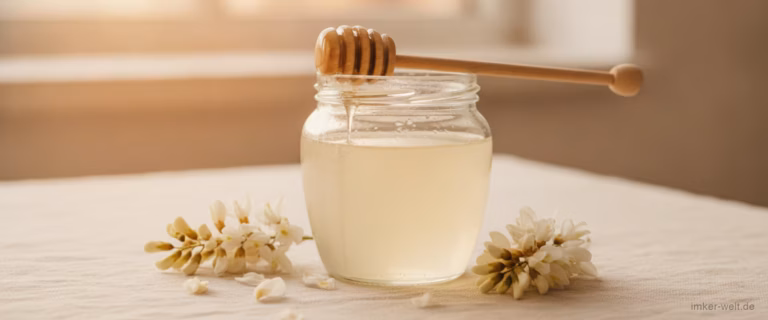 Glas mit sehr hellem, fast klarem Akazienhonig, Holzlöffel und weiße Robinienblüten