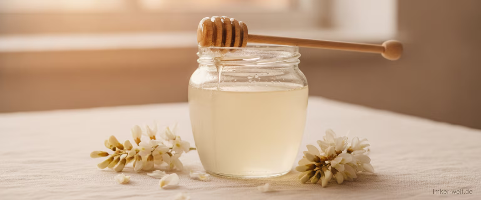 Glas mit sehr hellem, fast klarem Akazienhonig, Holzlöffel und weiße Robinienblüten