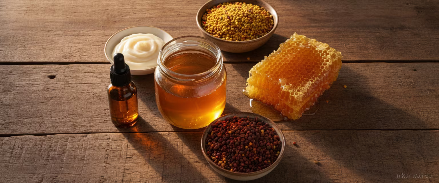 Bienenprodukte auf einem Tisch: Honig, Propolis-Tinktur, Gelée Royale, Blütenpollen und Honigwabe