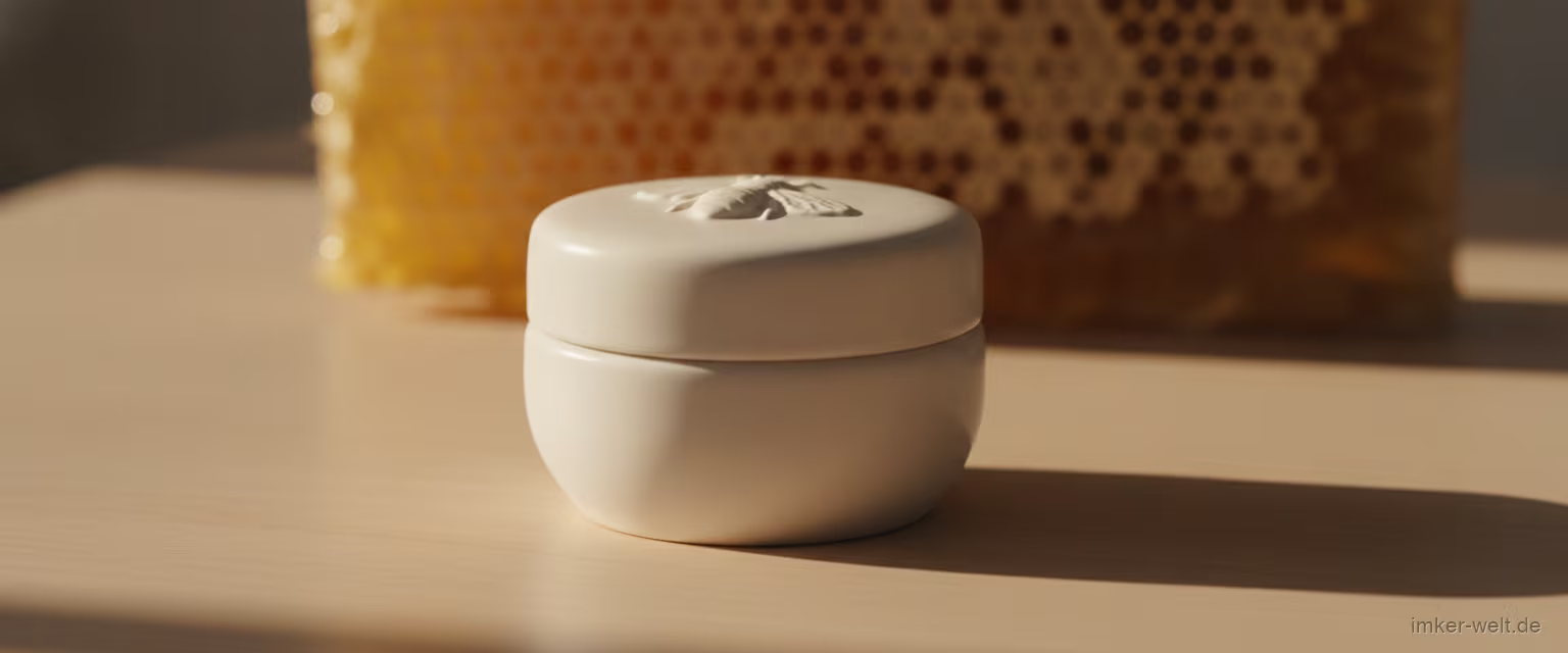 Weißer Cremetiegel mit Bienenmotiv unter Studio-Spotlight, Honigwabe im unscharfen Hintergrund