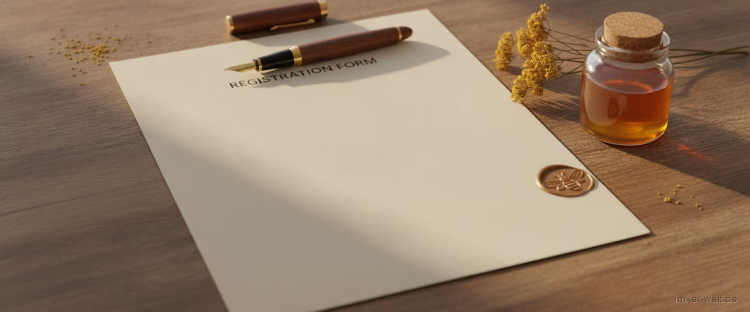 Anmeldeformular, Stift und ein kleines Honigglas auf einem Schreibtisch als Symbol für die Bienen-Anmeldung