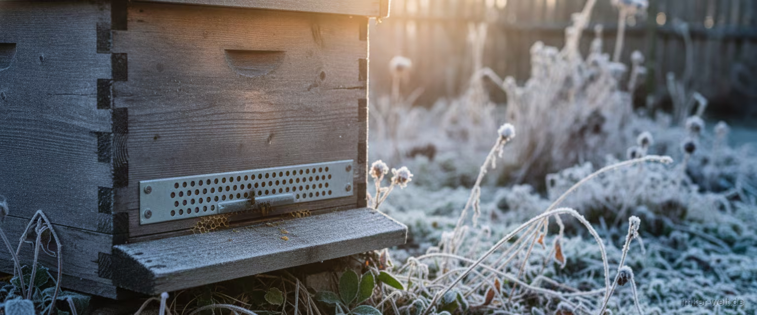 Für den Winter vorbereitete Beute mit Mäusegitter am Flugloch in einem frostigen Garten