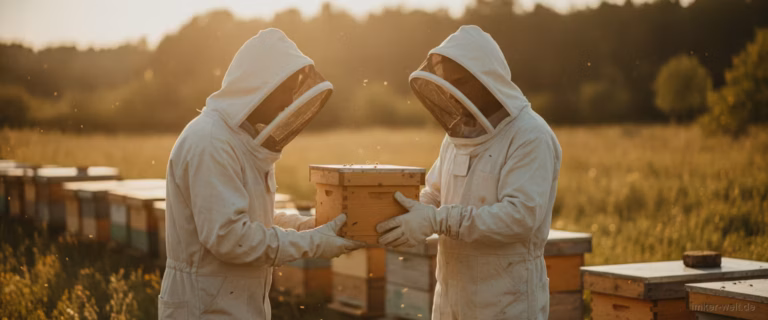 Imker übergibt einem Anfänger einen kleinen Ableger (Jungvolk) am Bienenstand
