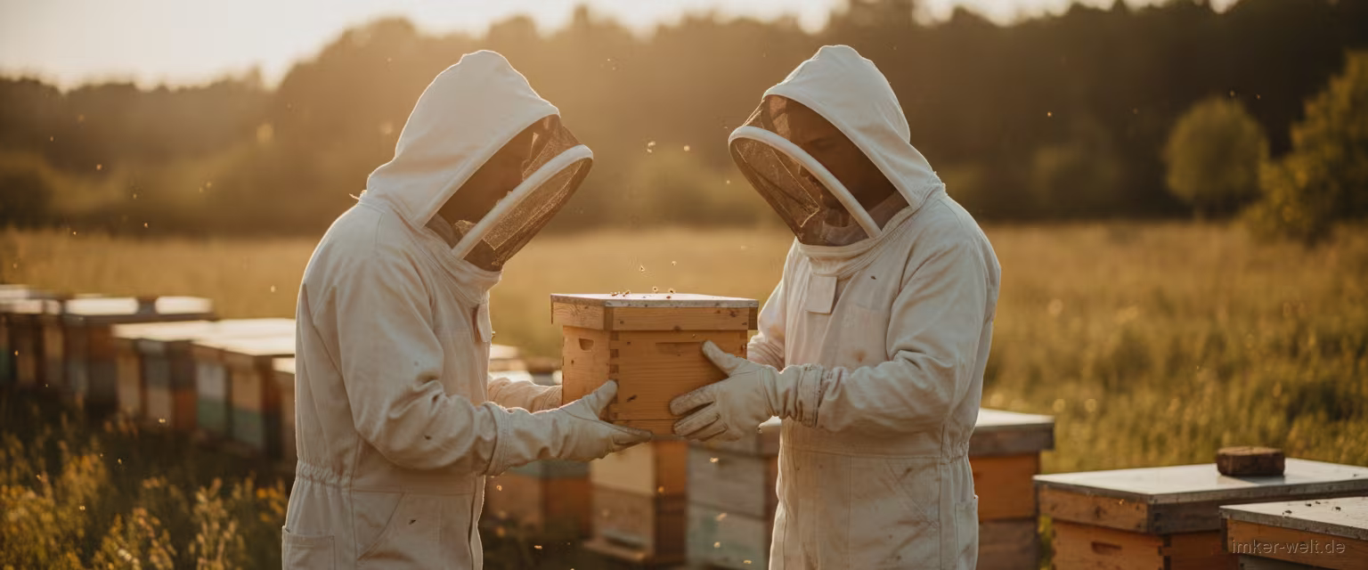 Imker übergibt einem Anfänger einen kleinen Ableger (Jungvolk) am Bienenstand