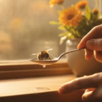 Hände bieten einer müden Biene Zuckerwasser auf einem Löffel an einem sonnigen Fensterbrett an