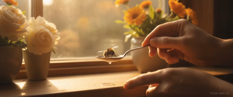 Hände bieten einer müden Biene Zuckerwasser auf einem Löffel an einem sonnigen Fensterbrett an
