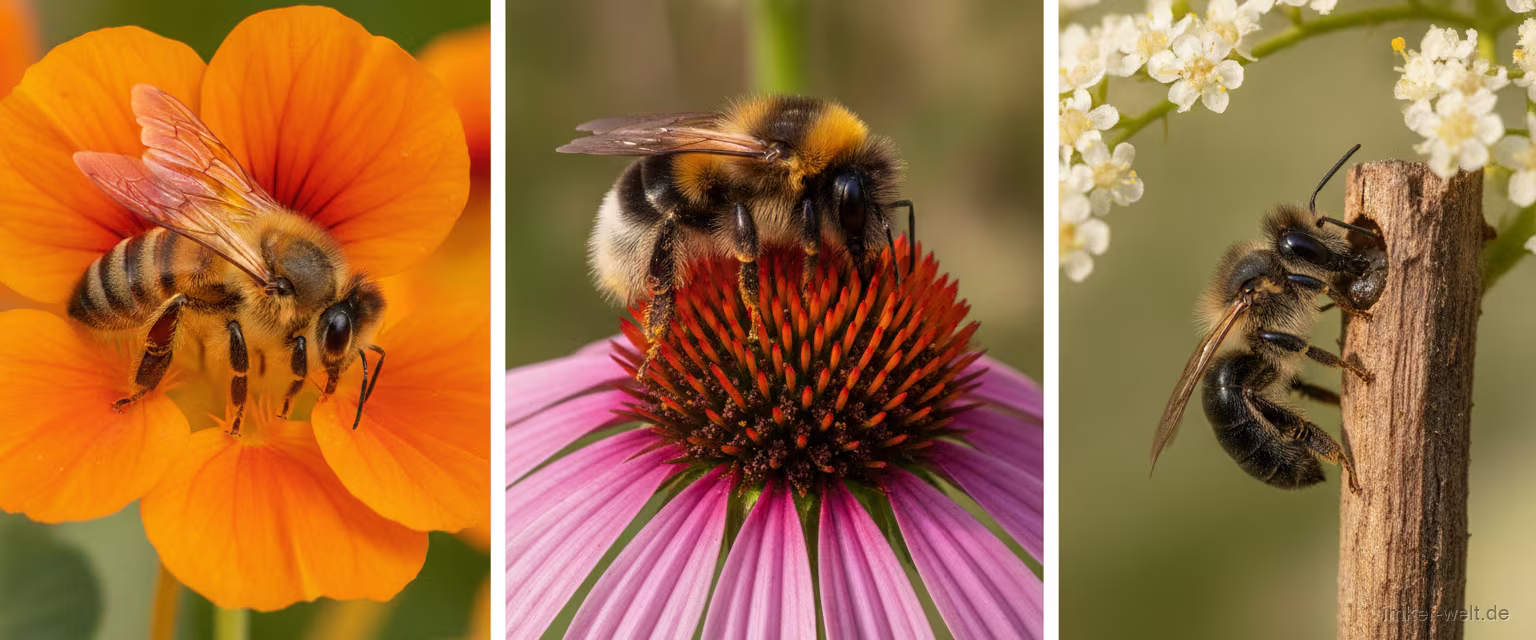 Verschiedene Bienenarten nebeneinander: Honigbiene, Hummel und solitäre Mauerbiene auf Blüten