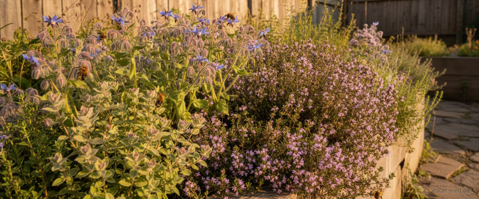 Blühendes Kräuterbeet mit Thymian, Oregano und Borretsch, von Bienen besucht