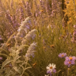 Üppiges bienenfreundliches Beet mit Lavendel, Salbei und Astern, Bienen und eine Hummel