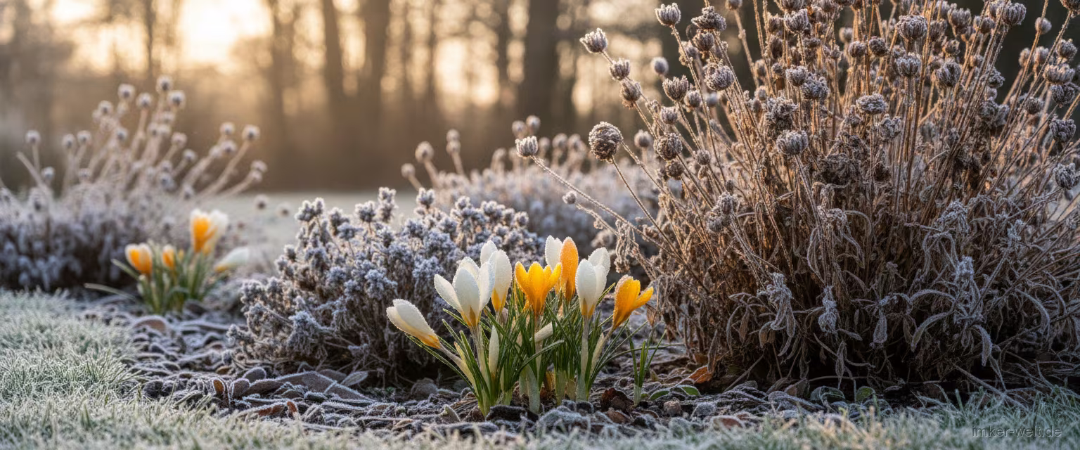 Winterharte Bienenpflanzen wie Lavendel und Fetthenne mit aufkommenden Krokussen im frostigen Garten