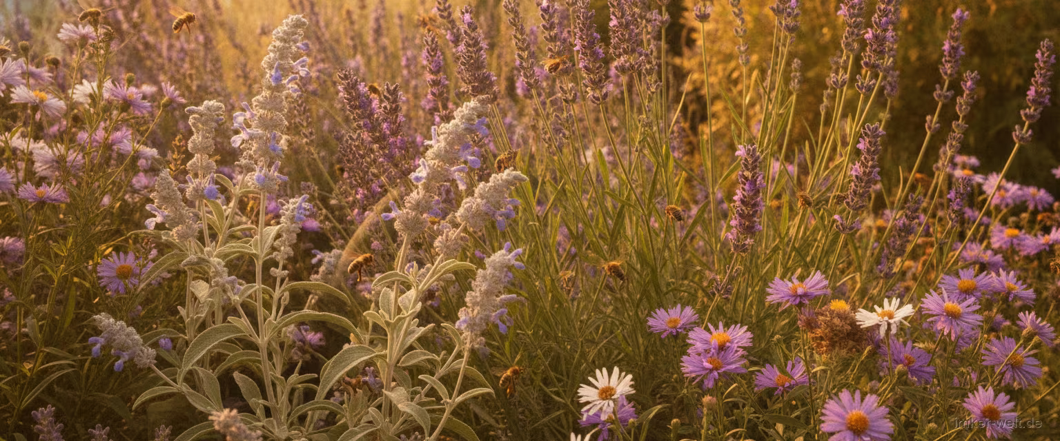 Üppiges bienenfreundliches Beet mit Lavendel, Salbei und Astern, Bienen und eine Hummel