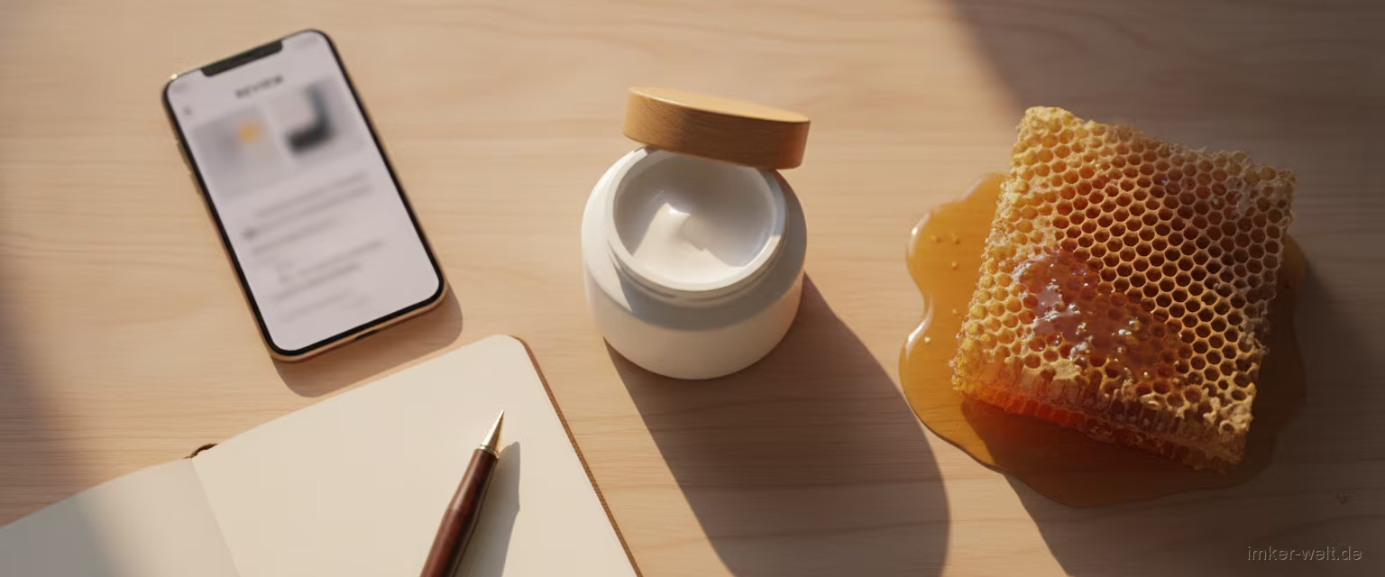 Weißer Cremetiegel, Smartphone mit unscharfer Bewertungsanzeige und Honigwabe auf einem hellen Schreibtisch