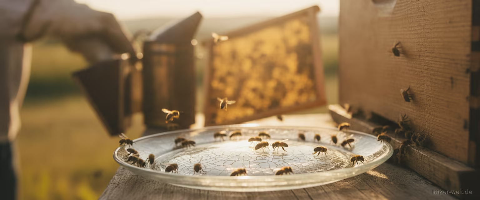 Glasplatte zur Bienengift-Gewinnung am Flugloch mit Bienen, getrockneter Giftfilm auf dem Glas