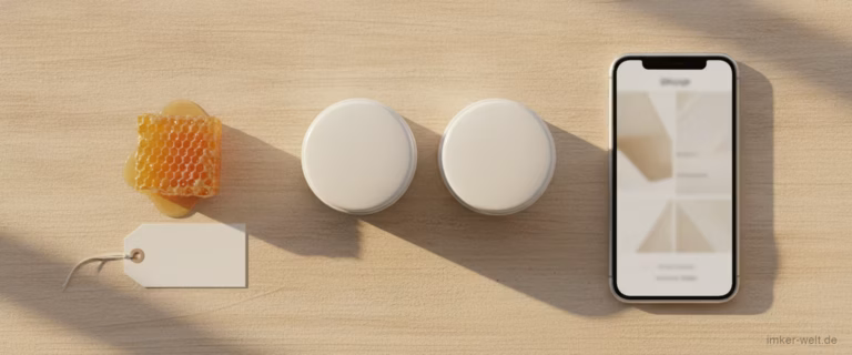 Zwei weiße Cremetiegel, ein Preisschild und ein Smartphone mit unscharfer Shop-Seite auf hellem Tisch