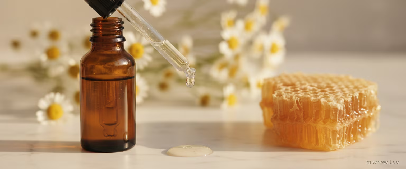 Braunglas-Serumflasche mit Pipette und ein Tropfen Serum auf Marmor, Honigwabe im Hintergrund