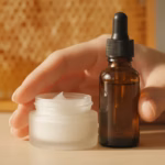 Hand mit gesunder Haut neben einem Cremetiegel und einer Propolis-Tinktur auf hellem Tisch