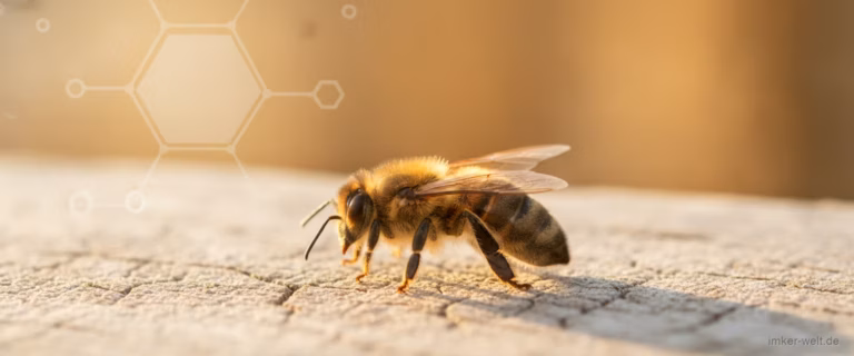 Makroaufnahme einer Honigbiene mit angedeuteter Molekülstruktur im unscharfen Hintergrund
