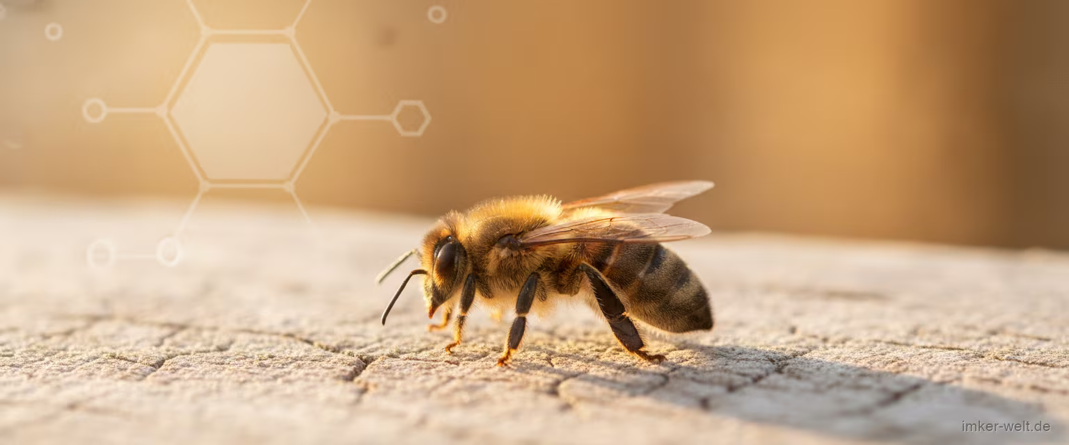 Makroaufnahme einer Honigbiene mit angedeuteter Molekülstruktur im unscharfen Hintergrund