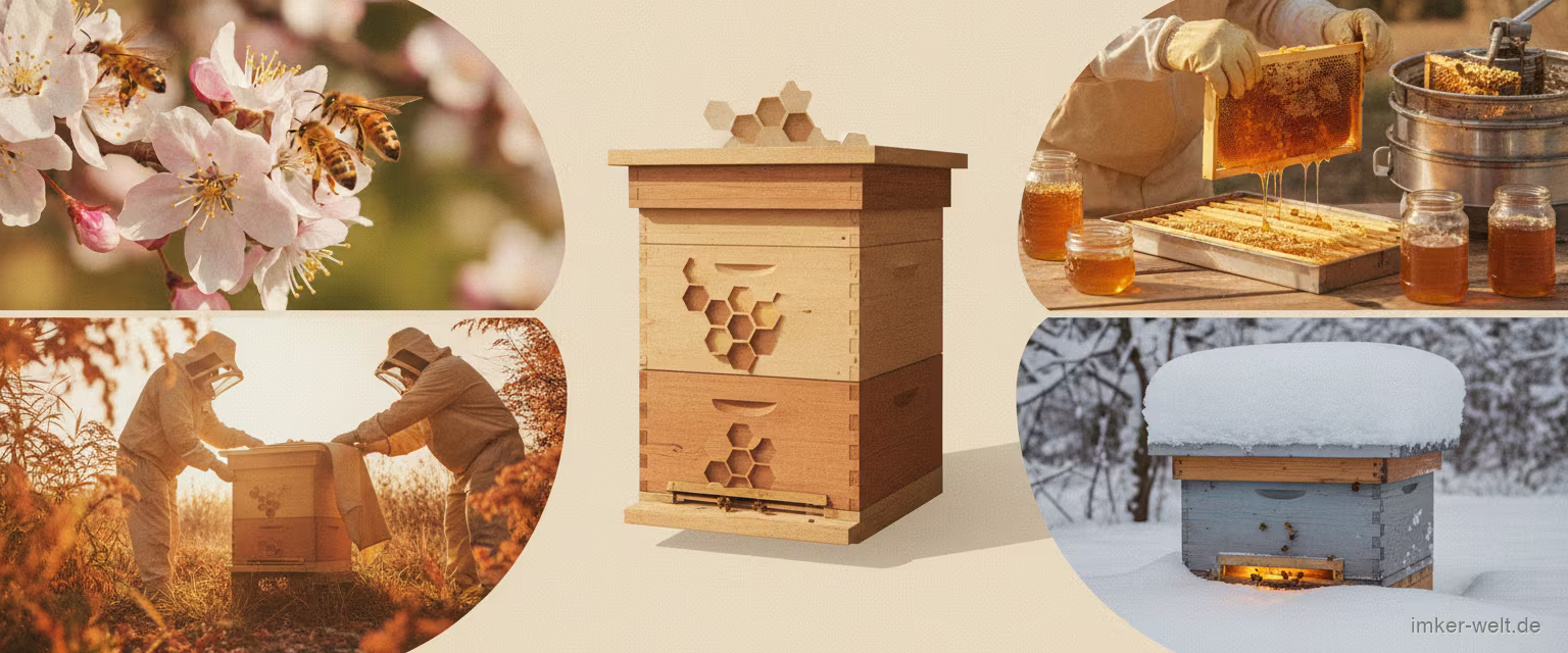 Collage des Bienenjahres: Frühlingsblüten, Sommerernte, Herbstbeute und Winterschnee rund um einen Bienenstock