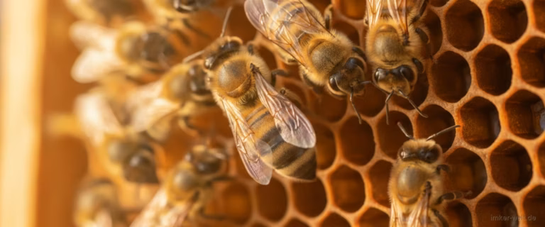 Markierte Bienenkönigin mit farbigem Punkt auf dem Rücken, umgeben von Arbeiterinnen auf einer Wabe