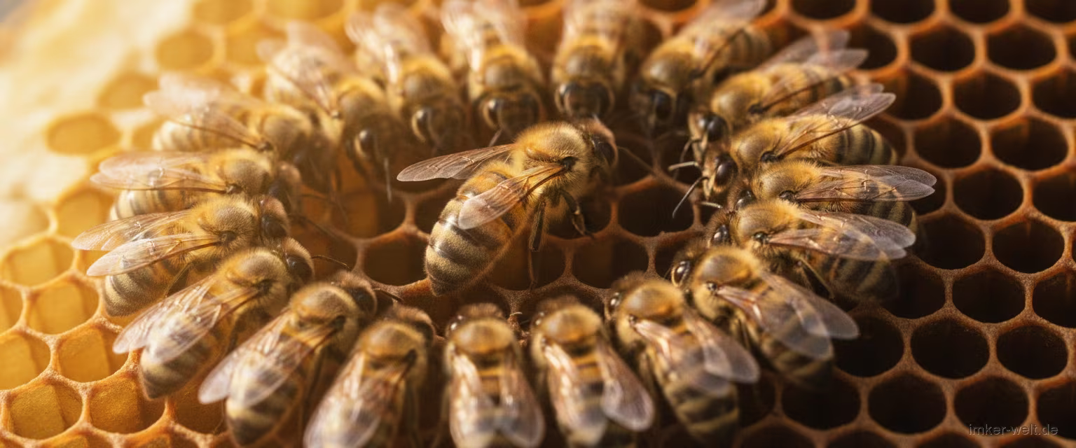 Bienenkönigin mit langem Hinterleib, umgeben von einem Kranz pflegender Arbeiterinnen auf einer Wabe