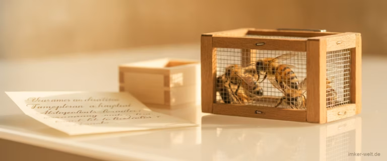 Bienenkönigin im Versandkäfig mit Begleitbienen neben einer Imker-Bestellnotiz