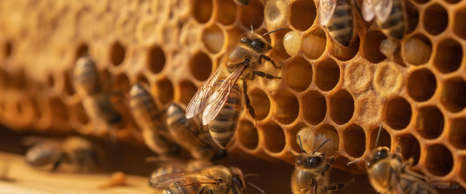 Bienenkönigin auf einer Brutwabe mit Arbeiterinnen