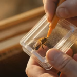 Imker markiert das Bruststück einer Bienenkönigin mit einem farbigen Markierstift im Zeichenröhrchen