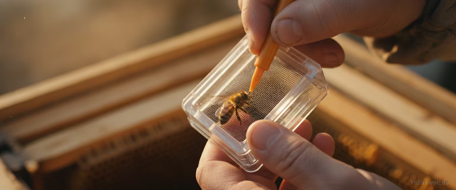 Imker markiert das Bruststück einer Bienenkönigin mit einem farbigen Markierstift im Zeichenröhrchen