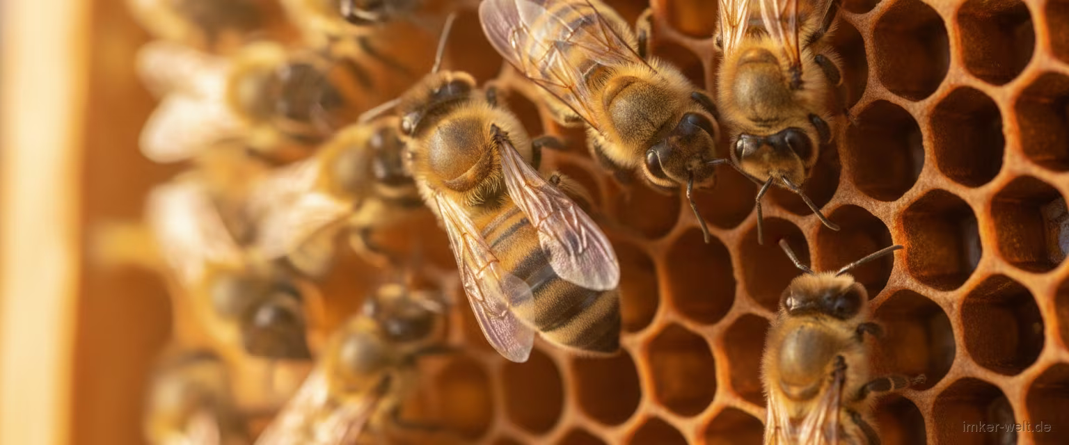 Markierte Bienenkönigin mit farbigem Punkt auf dem Rücken, umgeben von Arbeiterinnen auf einer Wabe