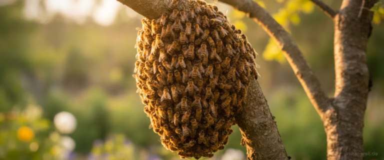 Großer Bienenschwarm hängt als Traube an einem Ast im Garten