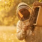 Imker hält eine Schwarmkiste unter eine Bienentraube am Ast und klopft die Bienen hinein