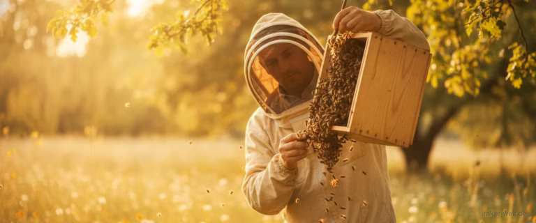 Imker hält eine Schwarmkiste unter eine Bienentraube am Ast und klopft die Bienen hinein