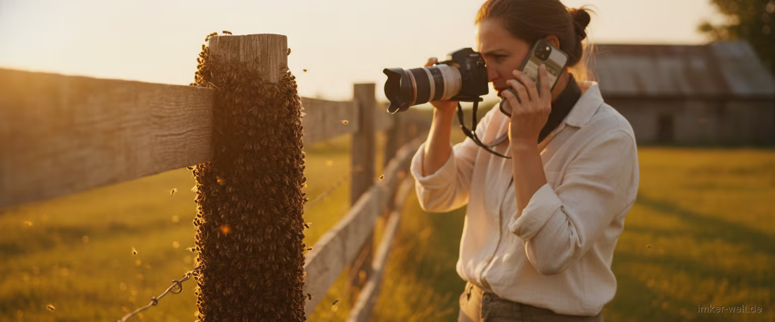 Person fotografiert einen Bienenschwarm am Zaun und ruft mit dem Handy einen Imker