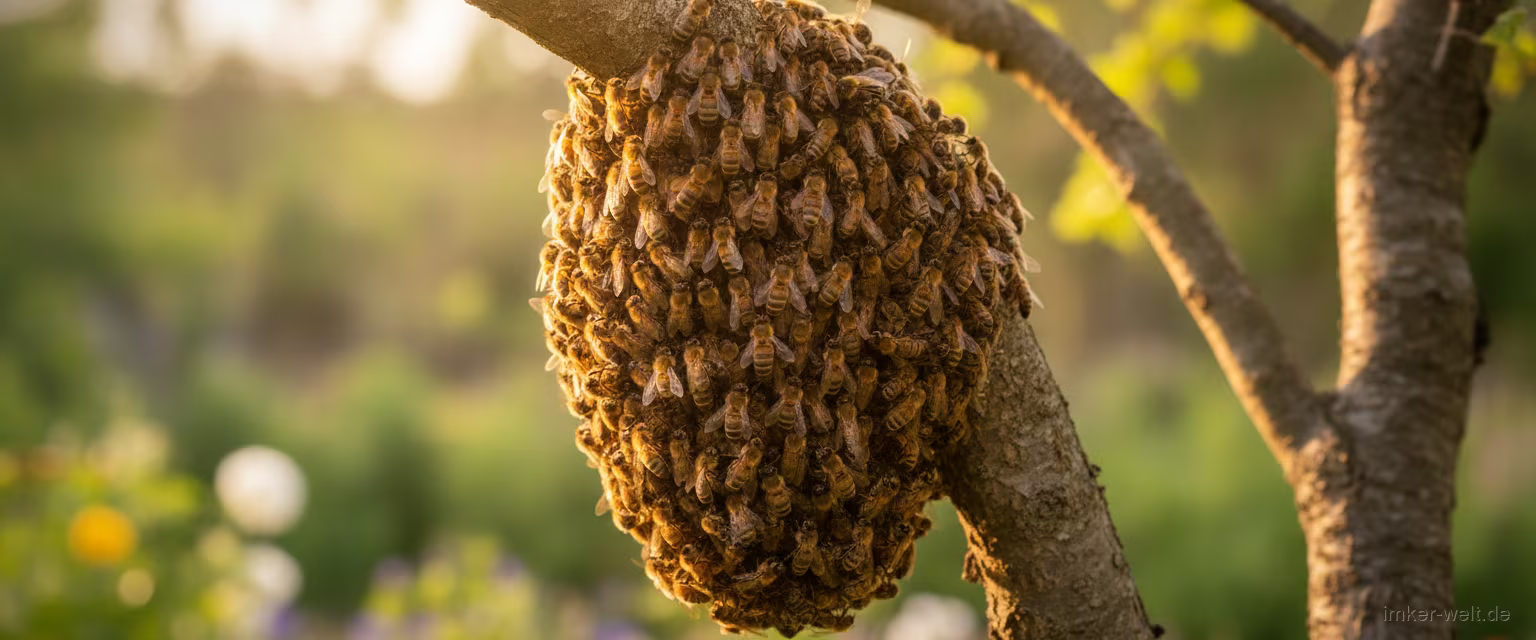 Großer Bienenschwarm hängt als Traube an einem Ast im Garten