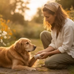 Hundebesitzer untersucht vorsichtig die Pfote eines ruhigen Hundes im sommerlichen Garten