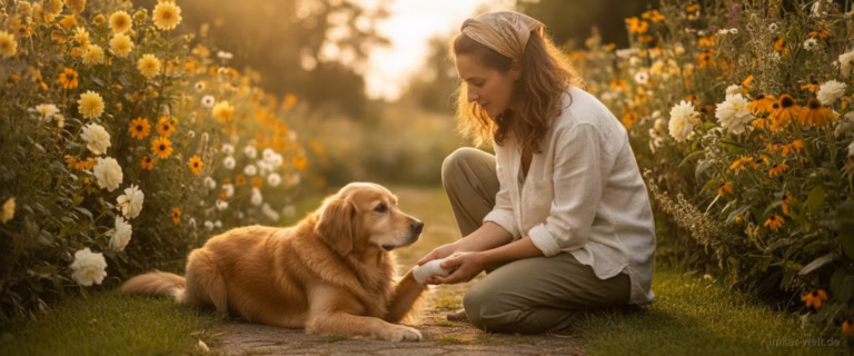 Hundebesitzer untersucht vorsichtig die Pfote eines ruhigen Hundes im sommerlichen Garten