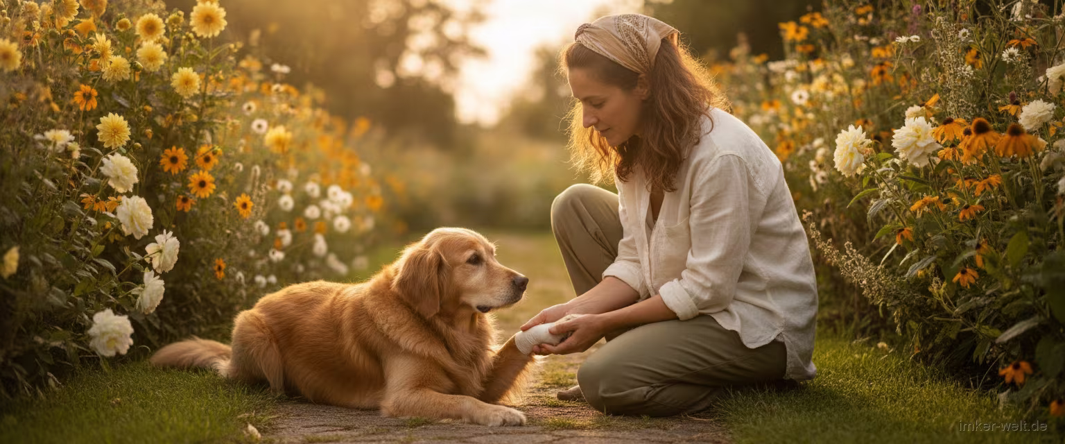 Hundebesitzer untersucht vorsichtig die Pfote eines ruhigen Hundes im sommerlichen Garten
