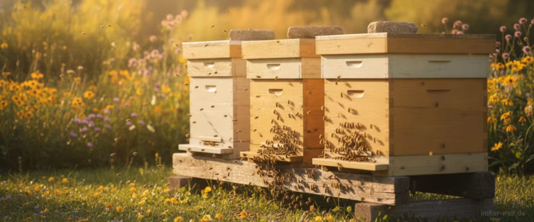 Bienenstöcke auf einem Ständer in einem sonnigen Garten, Bienen fliegen an den Fluglöchern