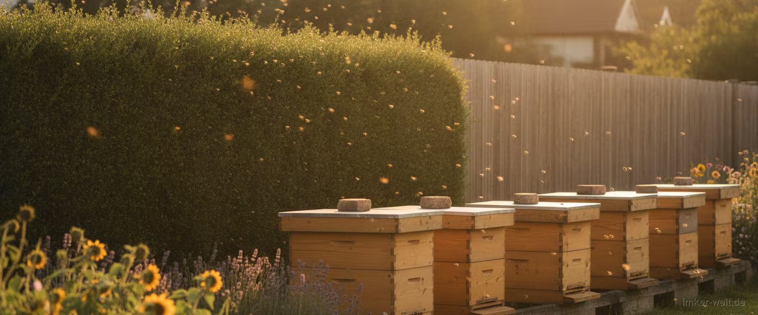 Bienenstöcke im Garten mit hoher Hecke zum Nachbarzaun, Bienen fliegen über die Hecke nach oben