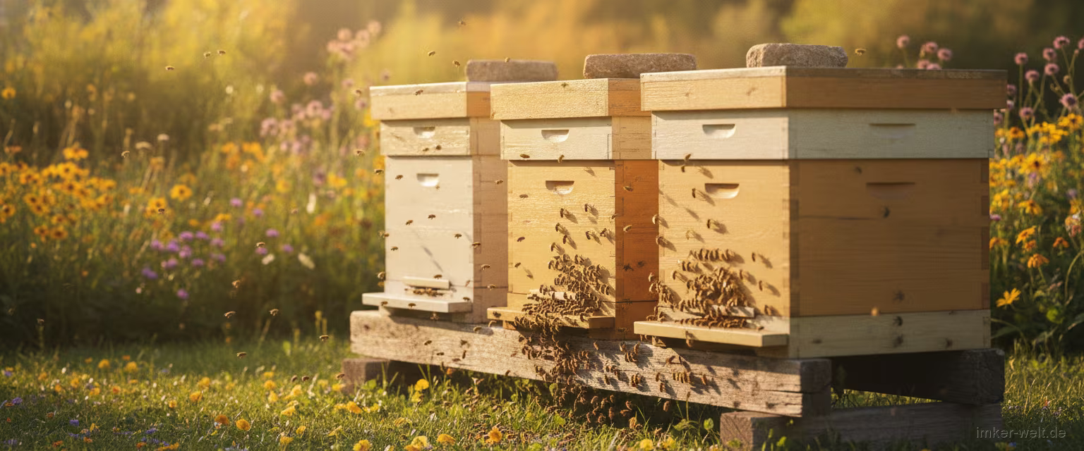 Bienenstöcke auf einem Ständer in einem sonnigen Garten, Bienen fliegen an den Fluglöchern