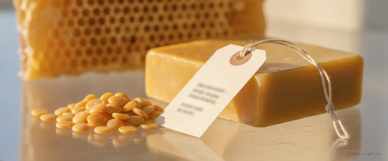 Goldene Bienenwachspastillen und ein Bienenwachsblock mit Preisschild auf hellem Tisch