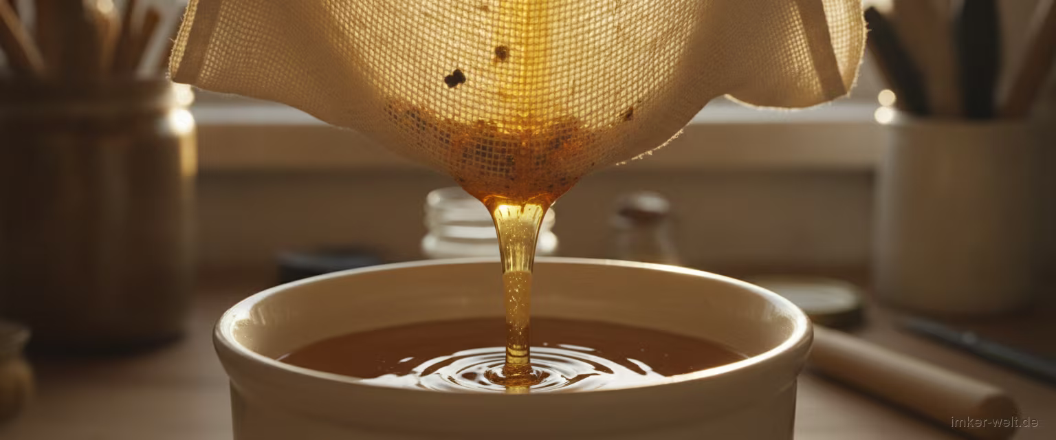 Goldenes flüssiges Bienenwachs wird durch einen feinen Filter gegossen, dunkler Schmutz bleibt zurück