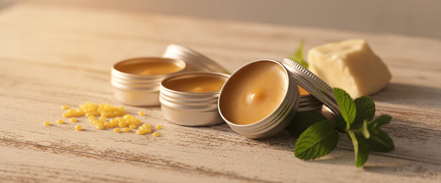 Kleine Tiegel mit selbst gemachtem Lippenbalsam, Bienenwachspastillen und Sheabutter