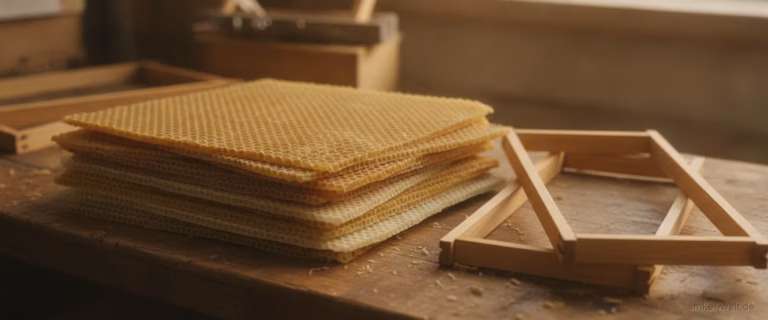Geprägte Bienenwachs-Mittelwände mit Sechseckmuster gestapelt neben leeren Rähmchen