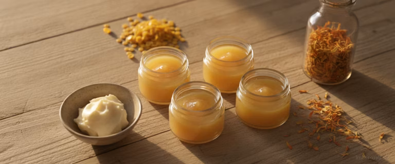Selbst gemachte Salbe in Glastiegeln, Bienenwachspastillen, Sheabutter und Öl mit Ringelblumen