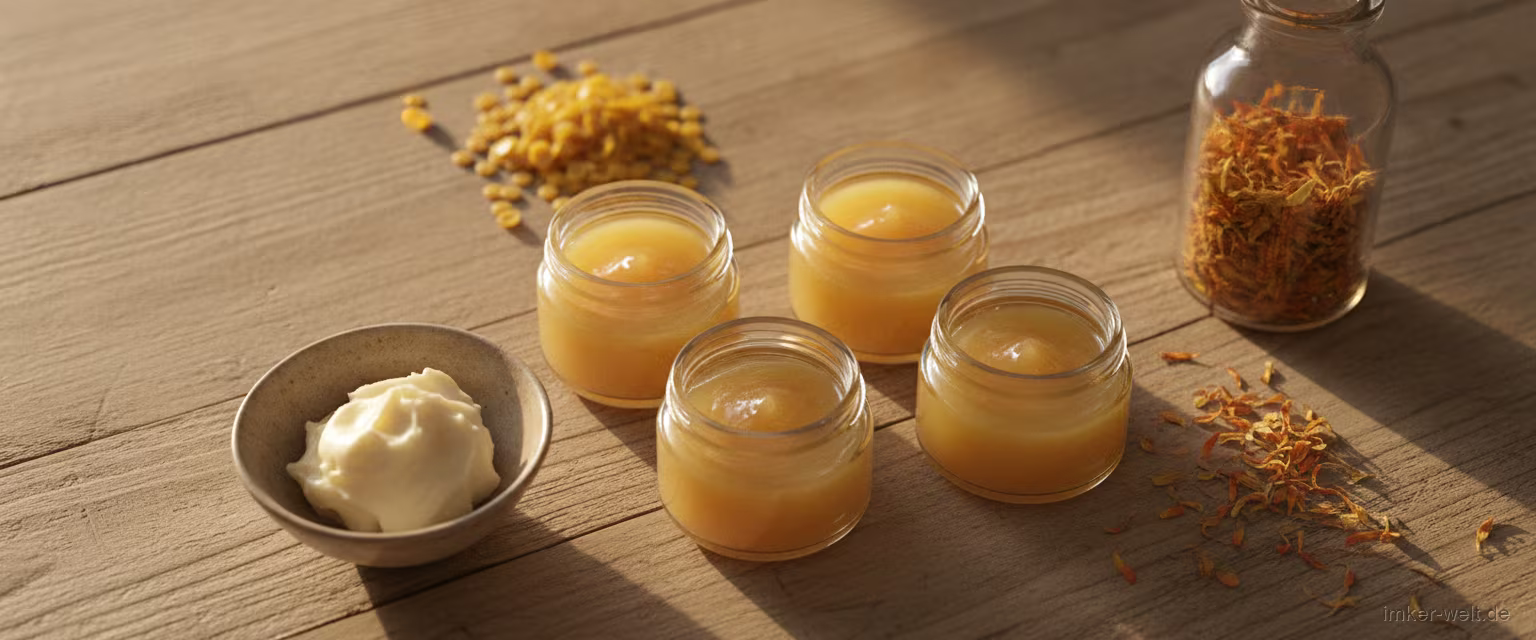Selbst gemachte Salbe in Glastiegeln, Bienenwachspastillen, Sheabutter und Öl mit Ringelblumen
