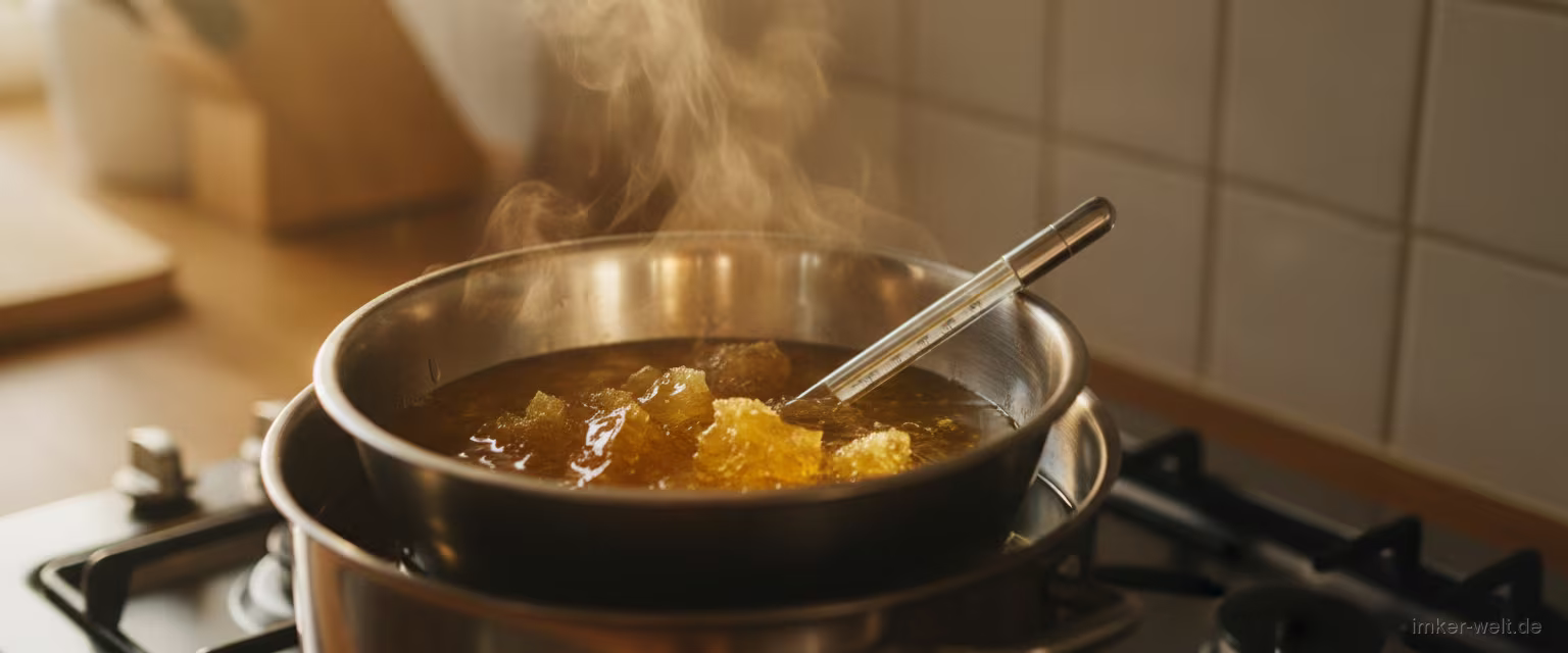 Goldenes Bienenwachs schmilzt in einer Edelstahlschüssel im Wasserbad, Thermometer im flüssigen Wachs