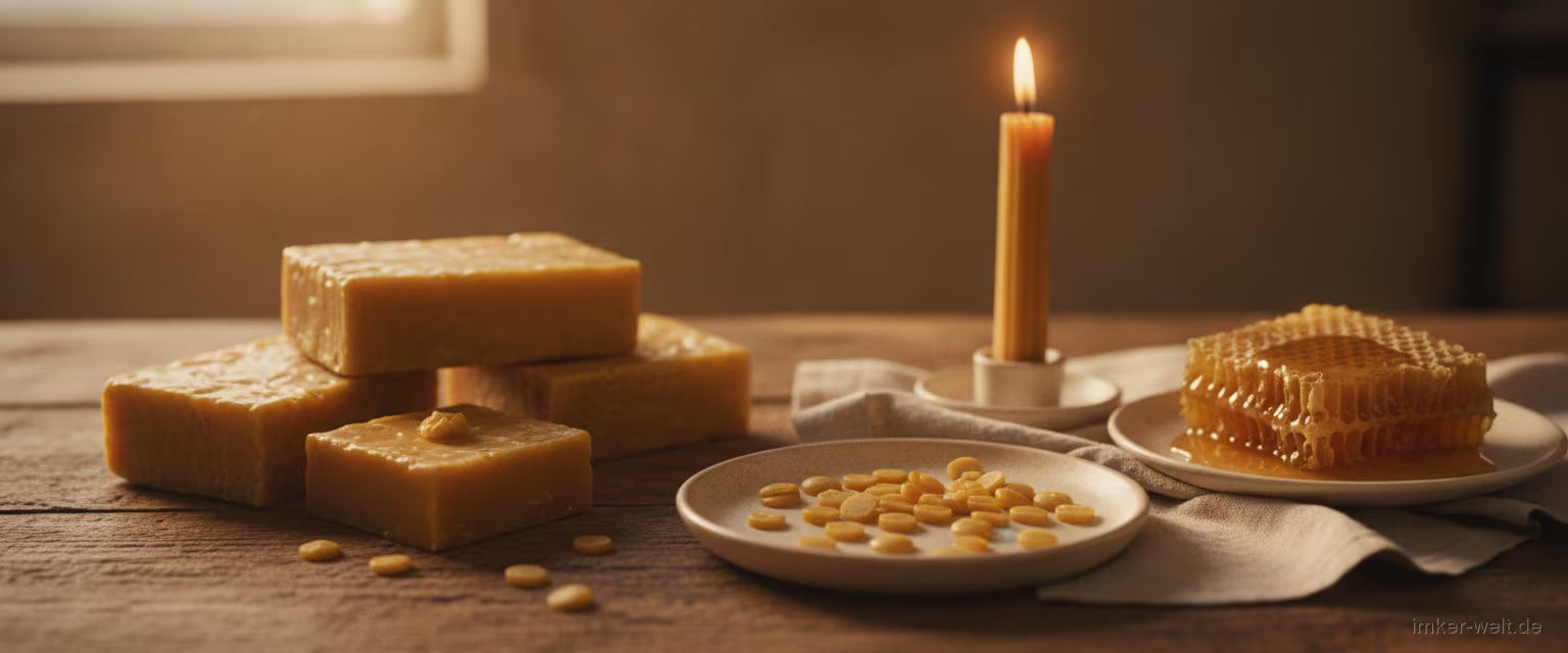 Goldgelbe Bienenwachsblöcke und -pastillen neben einer Honigwabe und einer brennenden Bienenwachskerze